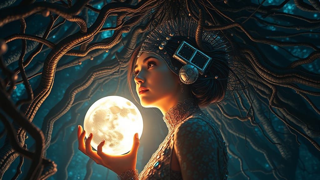 Transhumanist Woman in Mycelium Network, Hyperdetailed Art