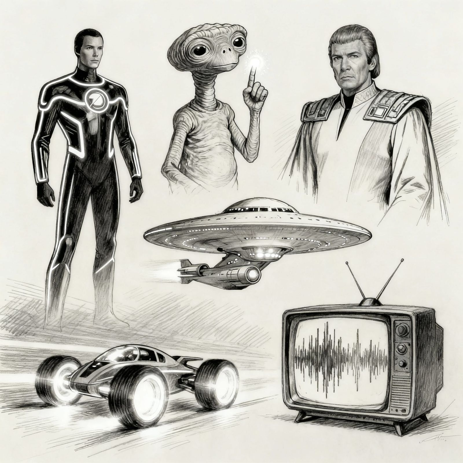 Pencil Drawing of Sci-Fi Icons: Tron, E.T., Enterprise