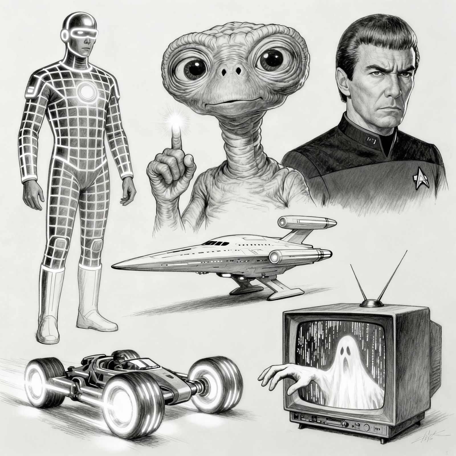 Pencil Drawing of Sci-Fi Icons: Tron, E.T., Enterprise & Mor...