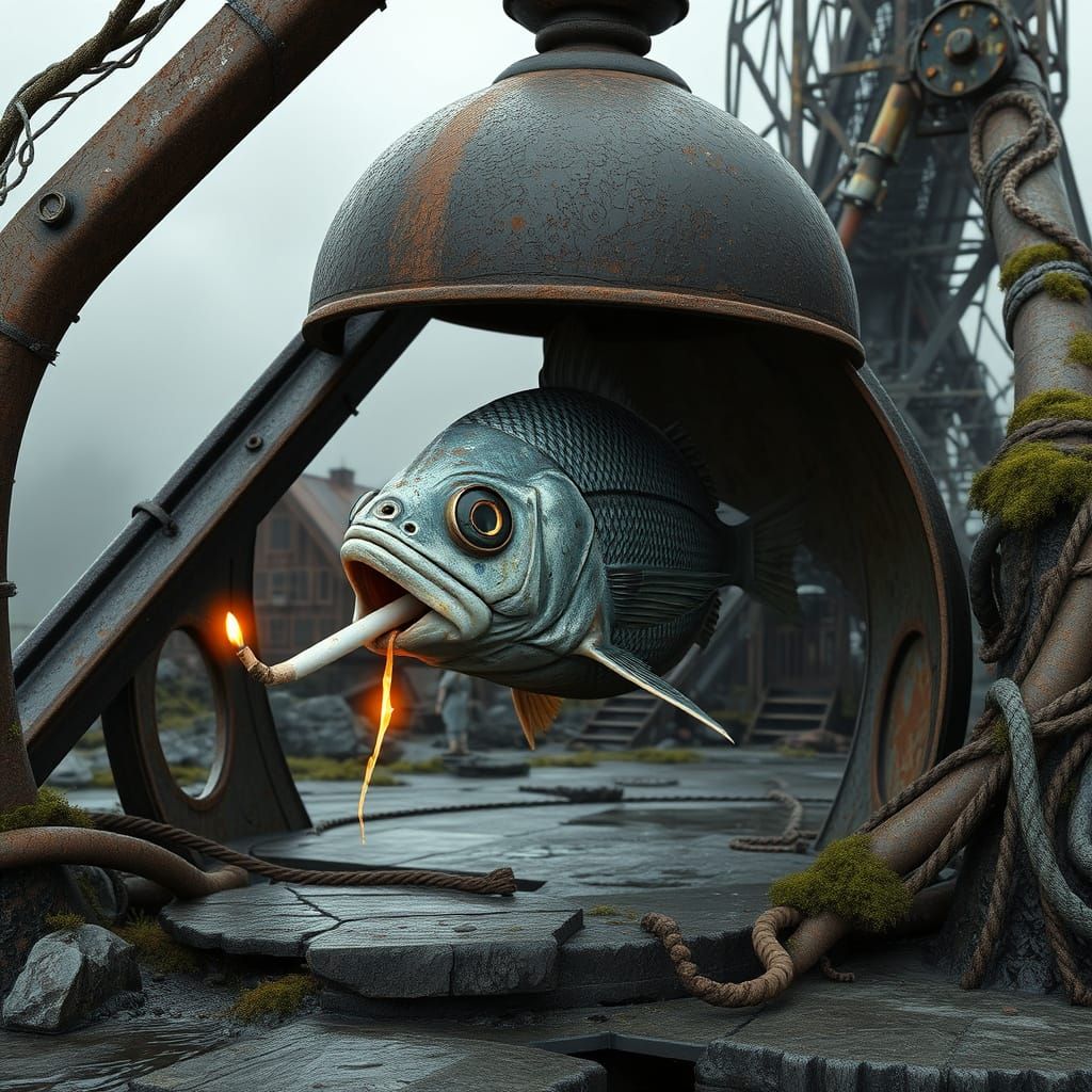Fish Smokes in a Post-Apocalyptic Oilrig Landscape
