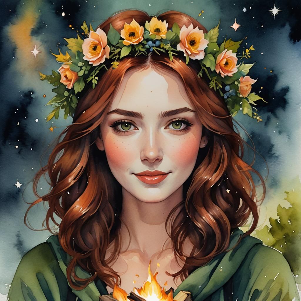 Beautiful Woman Smiles by Campfire in Watercolor Splash Art