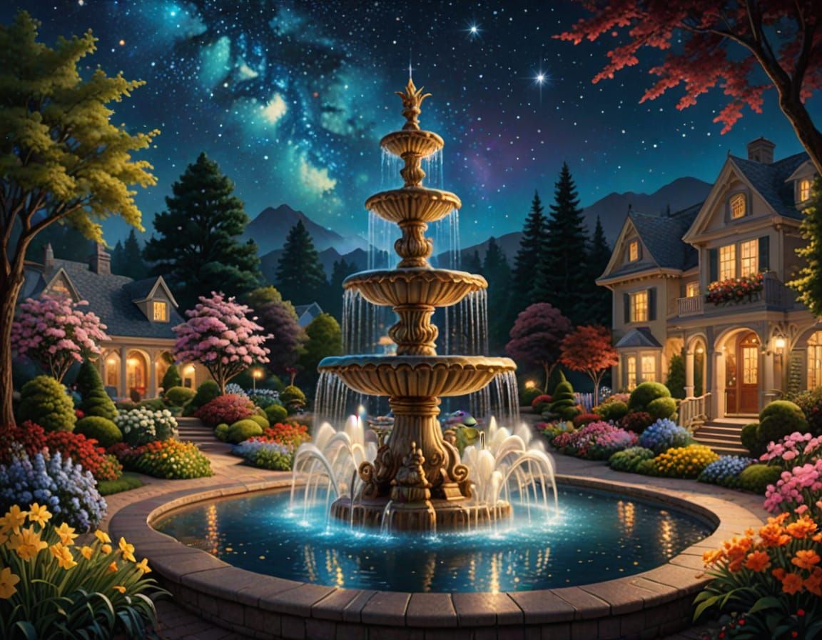 Radiant Fountain in Starry Flower Garden