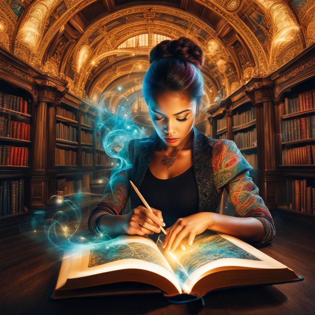 Colorful Tattoo-Style Portrait of Woman Reading