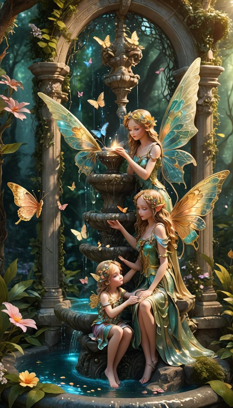 An ultra detailed fantasy digital  print of two fairies arou...
