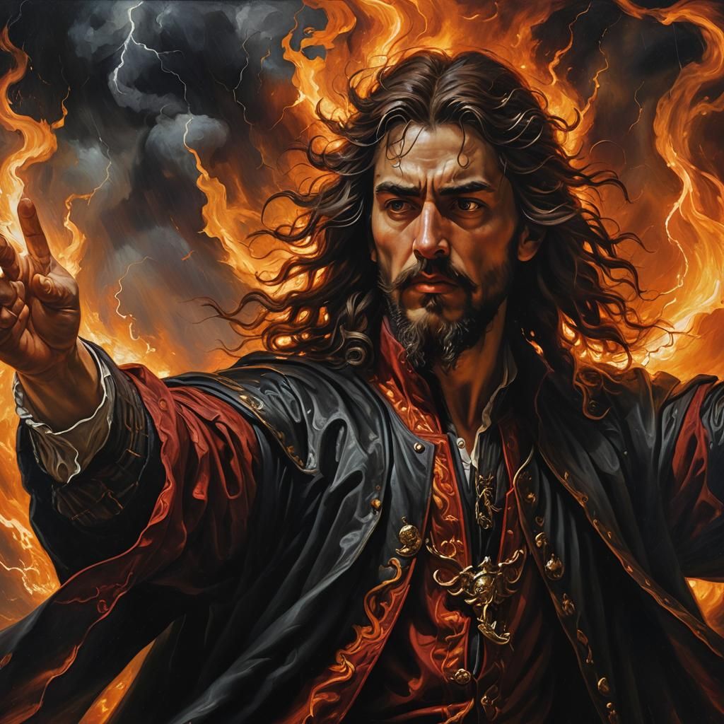 Wizard in Thunderstorm Oil Painting as Baroque Art