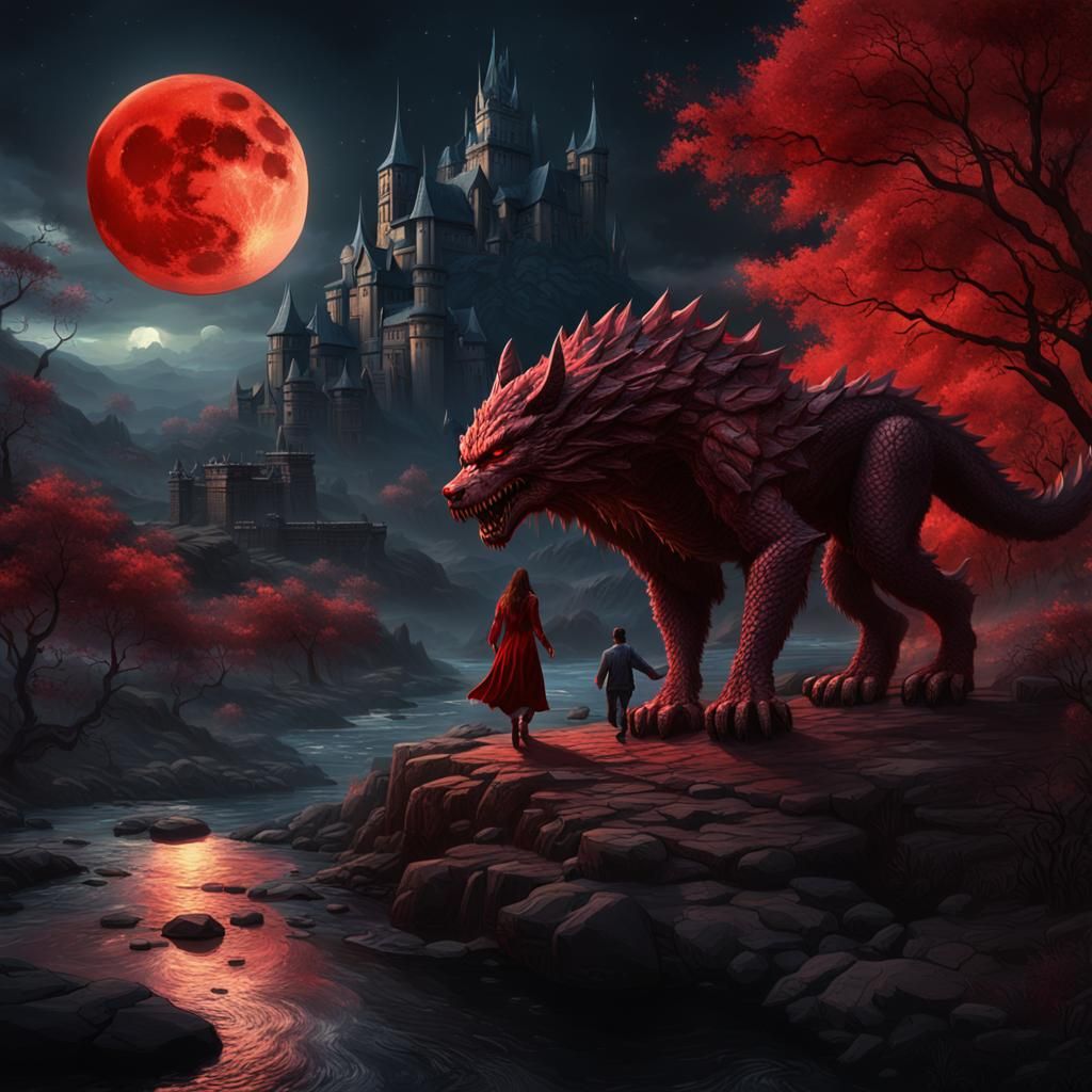 Fantasy River Scene with Dragon, Werewolf, and Red Moon