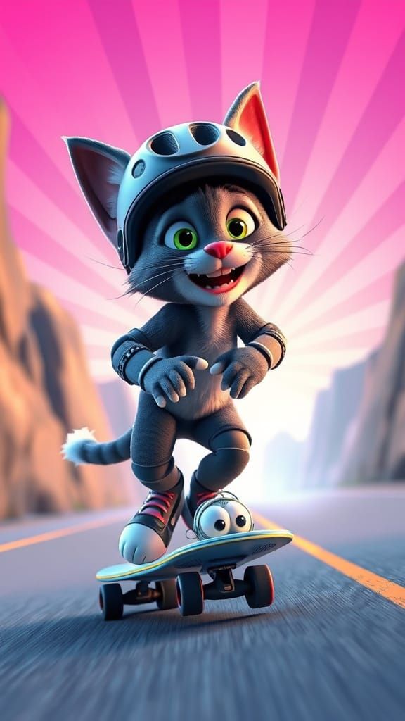Tomcat Skateboarding Downhill in Pixar-style 3D Art