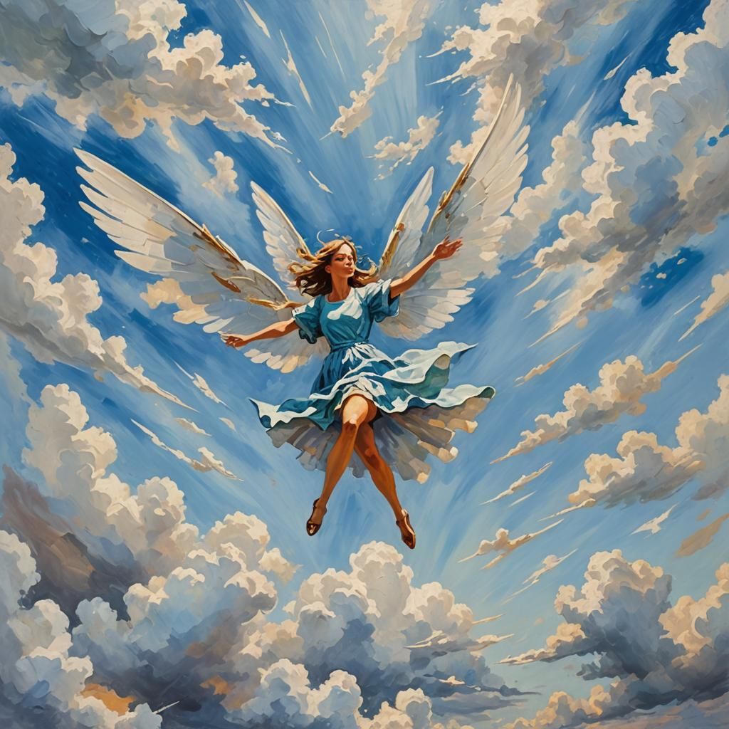 Fairy Soaring Through Cerulean Sky as Impressionist Painting