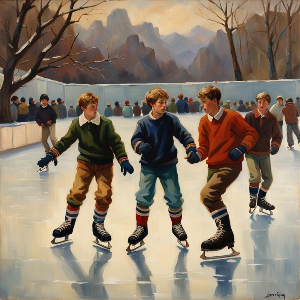 A group of young men ice-skating on an ice-skating rink together