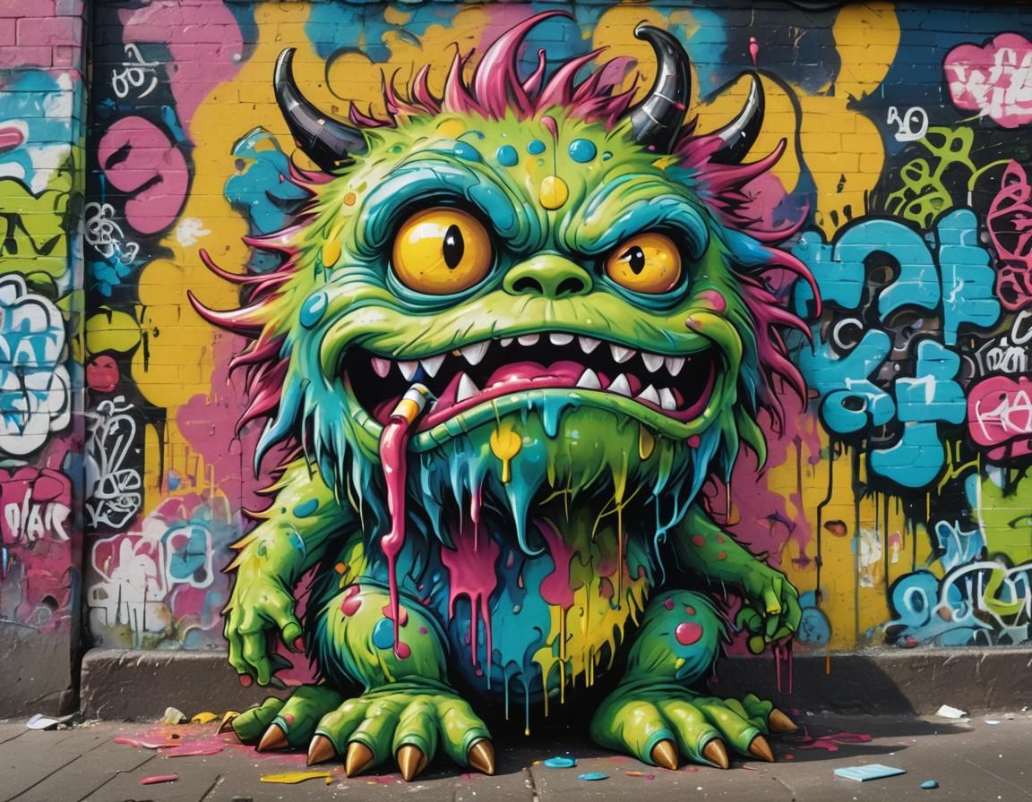Mischievous Green Monster in Vibrant Street Art