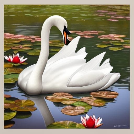 White Swan on Lily Pond in Art Nouveau Style
