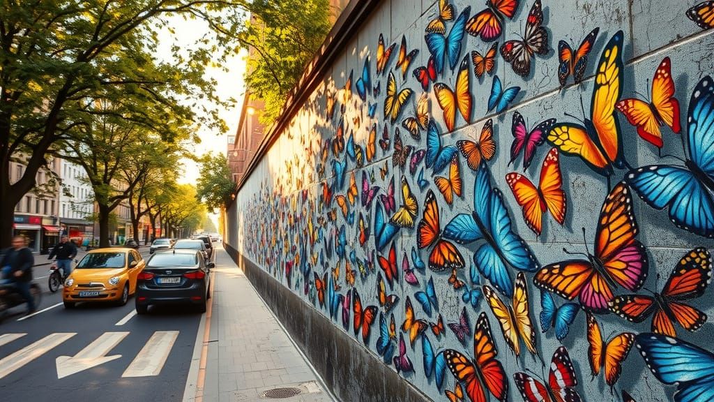 Vibrant Urban Butterfly Mural in Street Art Style