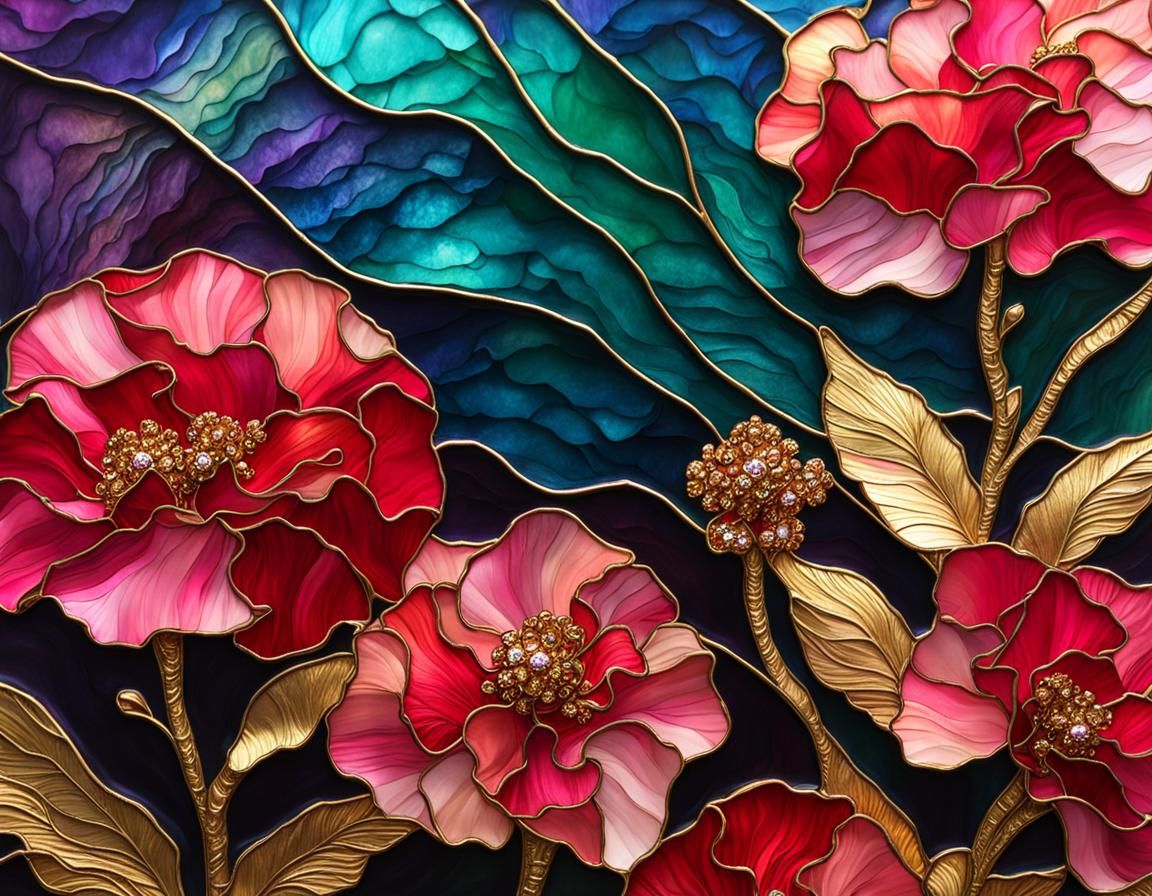 Gold-Dusted Carnation Garden in Tiffany Stained Glass
