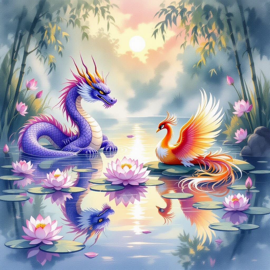 Lotus Pond with Dragon and Phoenix, Watercolor Art