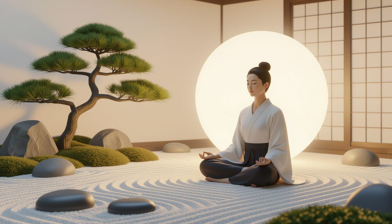 Meditating Figure in Radiant Zen Garden