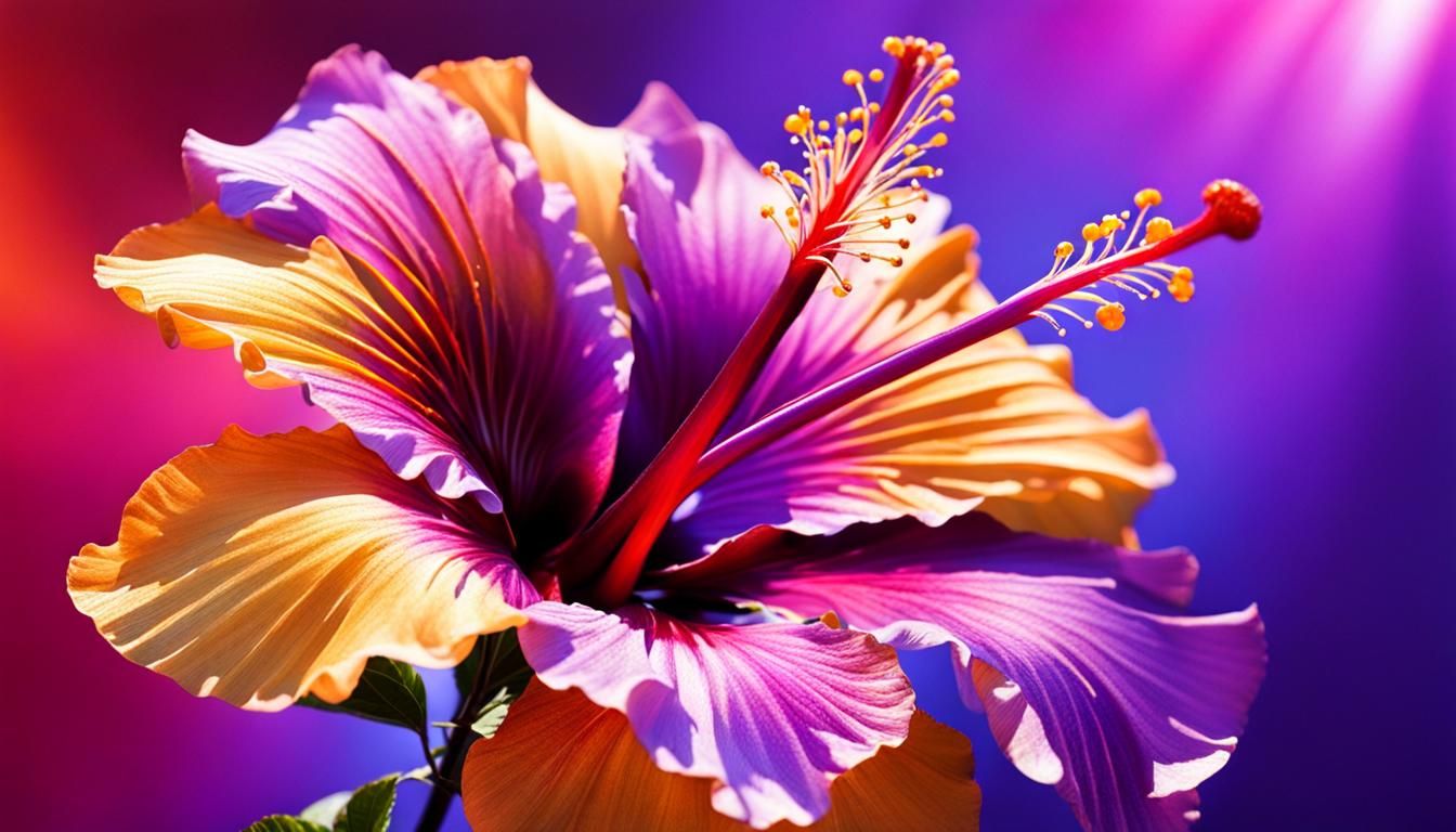 Hyperrealistic Iridescent Hibiscus and Jacaranda Splash Art