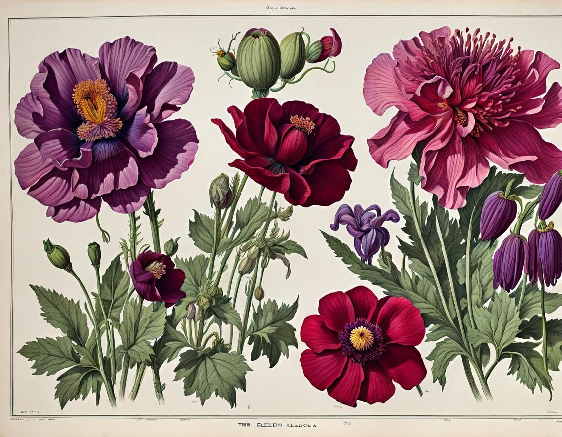 Hyper detailed line art botanical ink drawing Flowers, 1897 Antique Print, Flower Lithograph, Botanical Print, Botany Po...