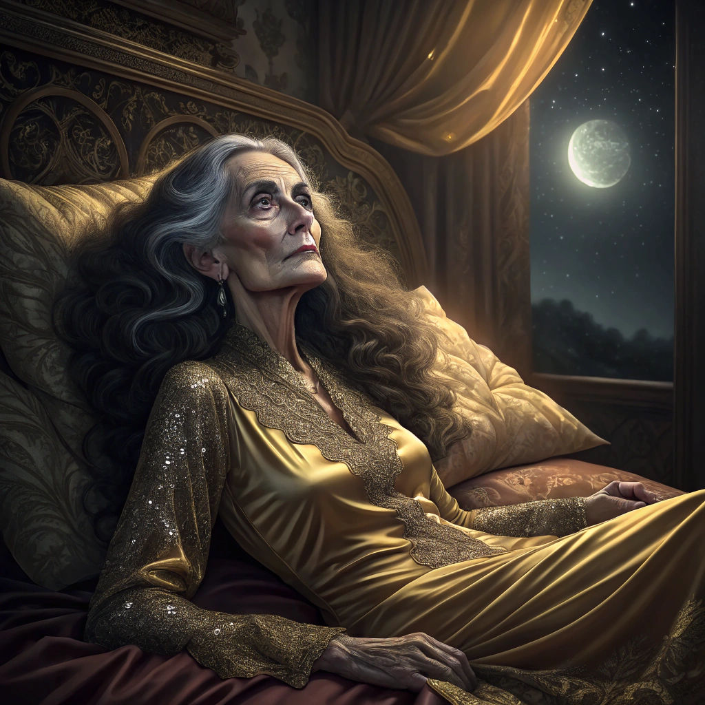Elderly Model in Golden Nightie, Fantasy Concept Art