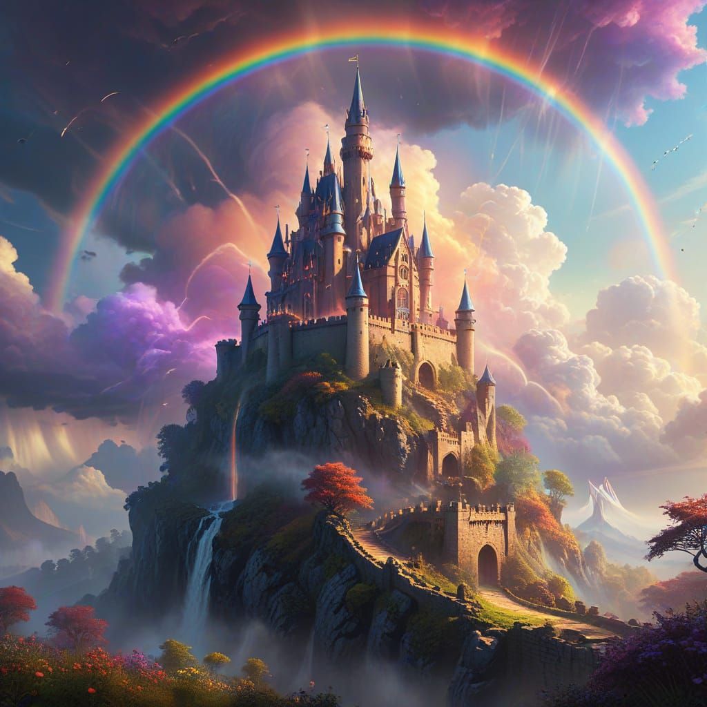 Majestic Fantasy Castle Perched on Vibrant Rainbow