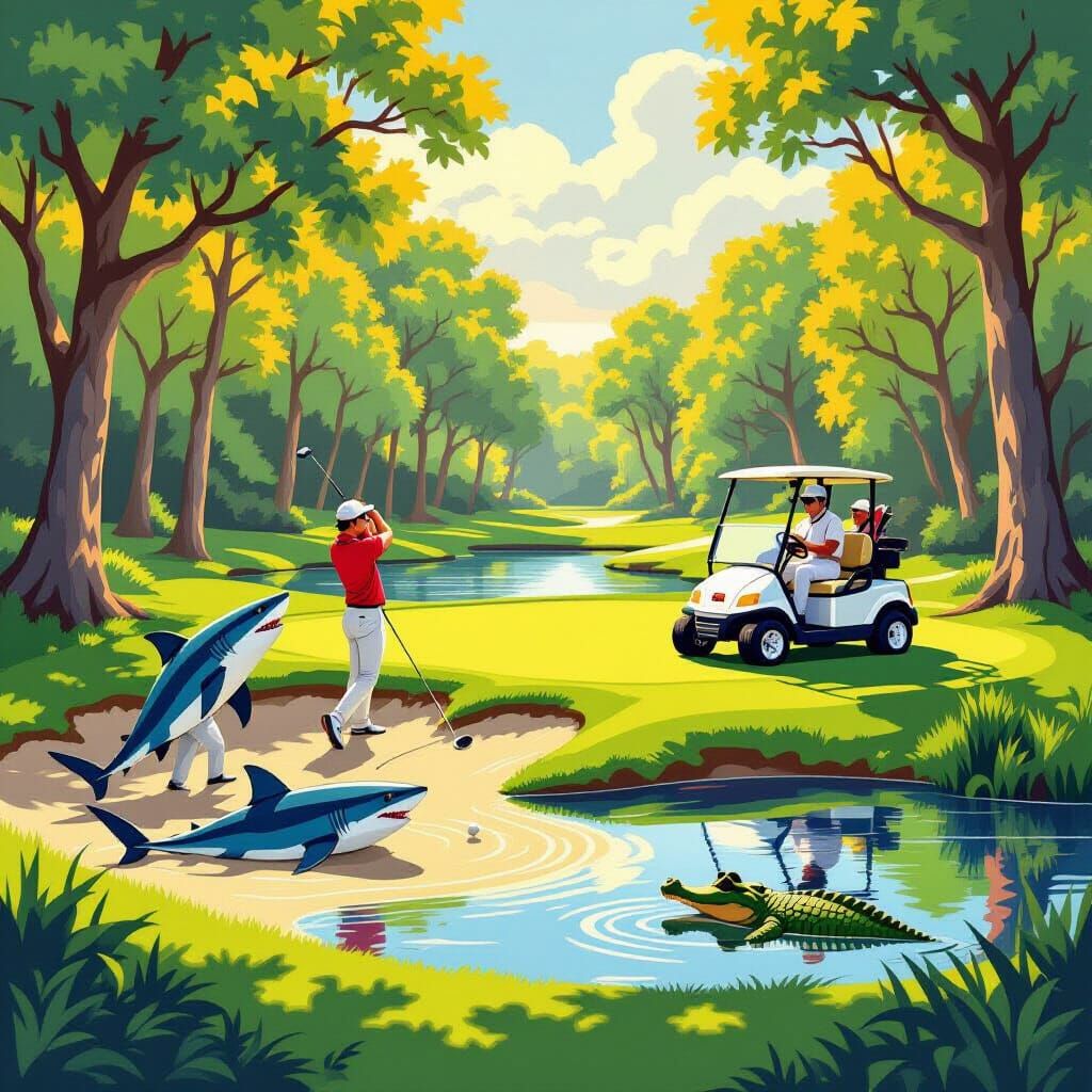 Sharks Play Golf in Vibrant Digital Art Style