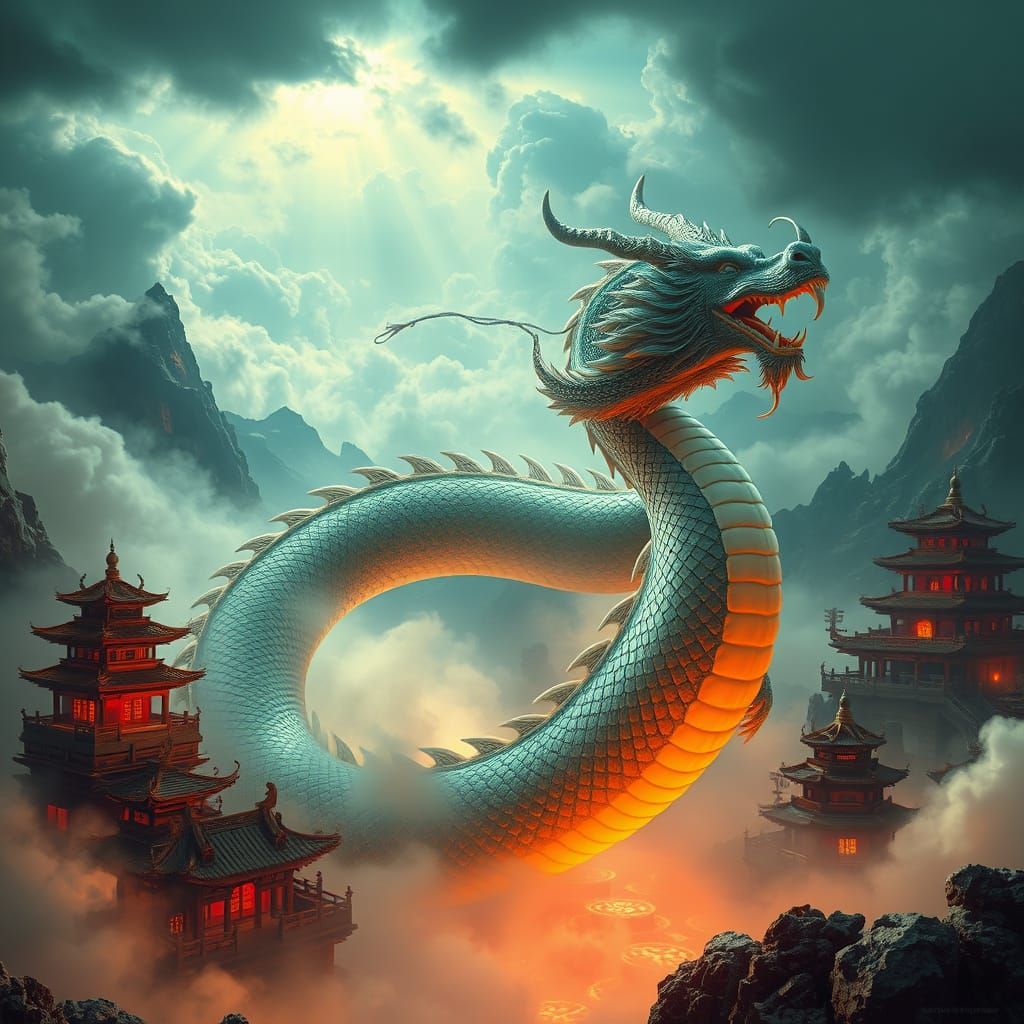 Majestic Jade Dragon Amidst Ancient Ruins in Cinematic Digit...
