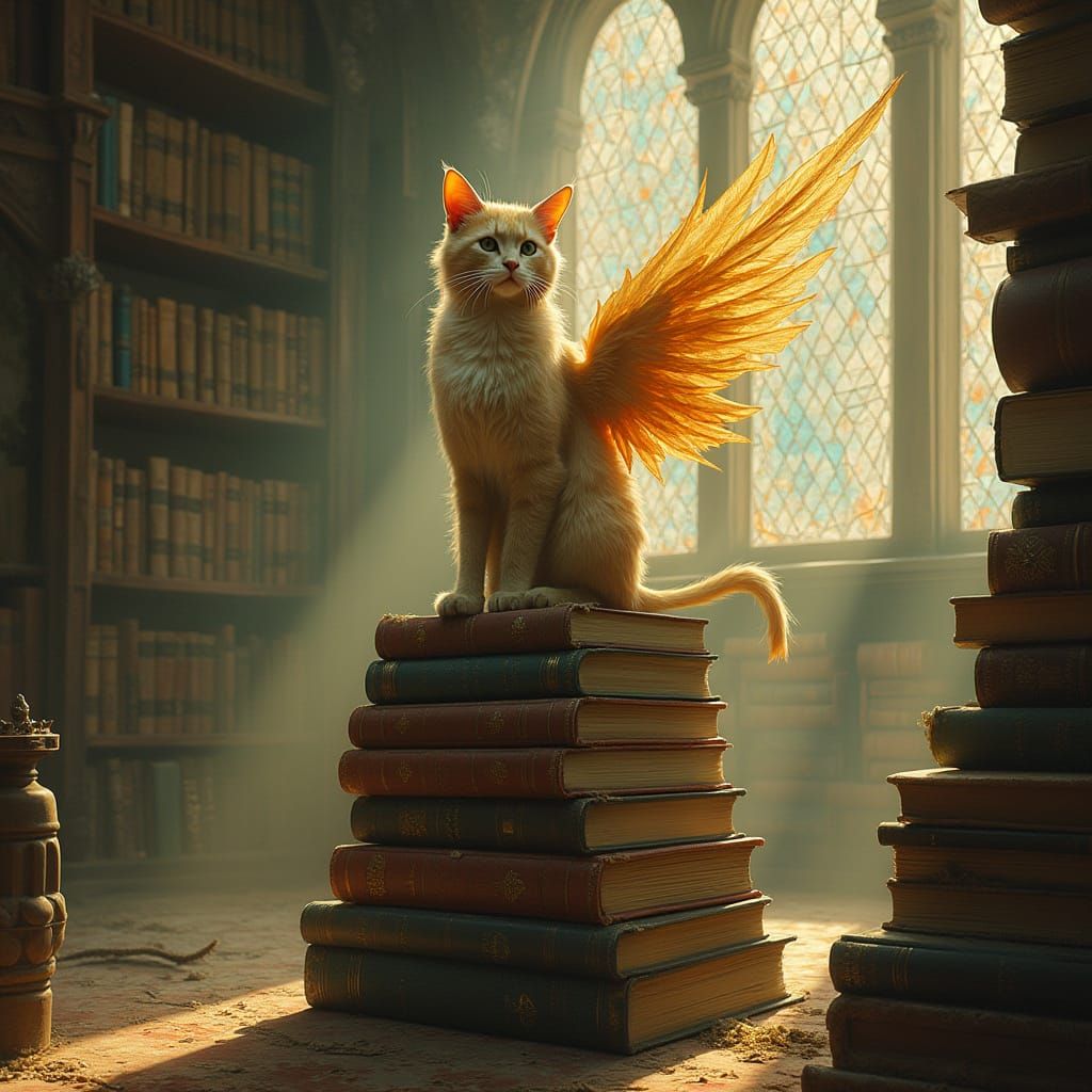 Winged Cat in Grand Victorian Library