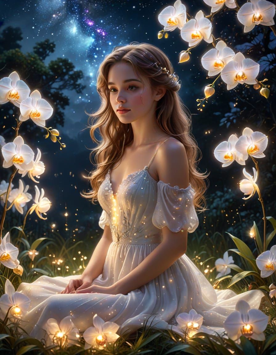 Girl Gazes at Starry Night Sky with Glowing Orchids