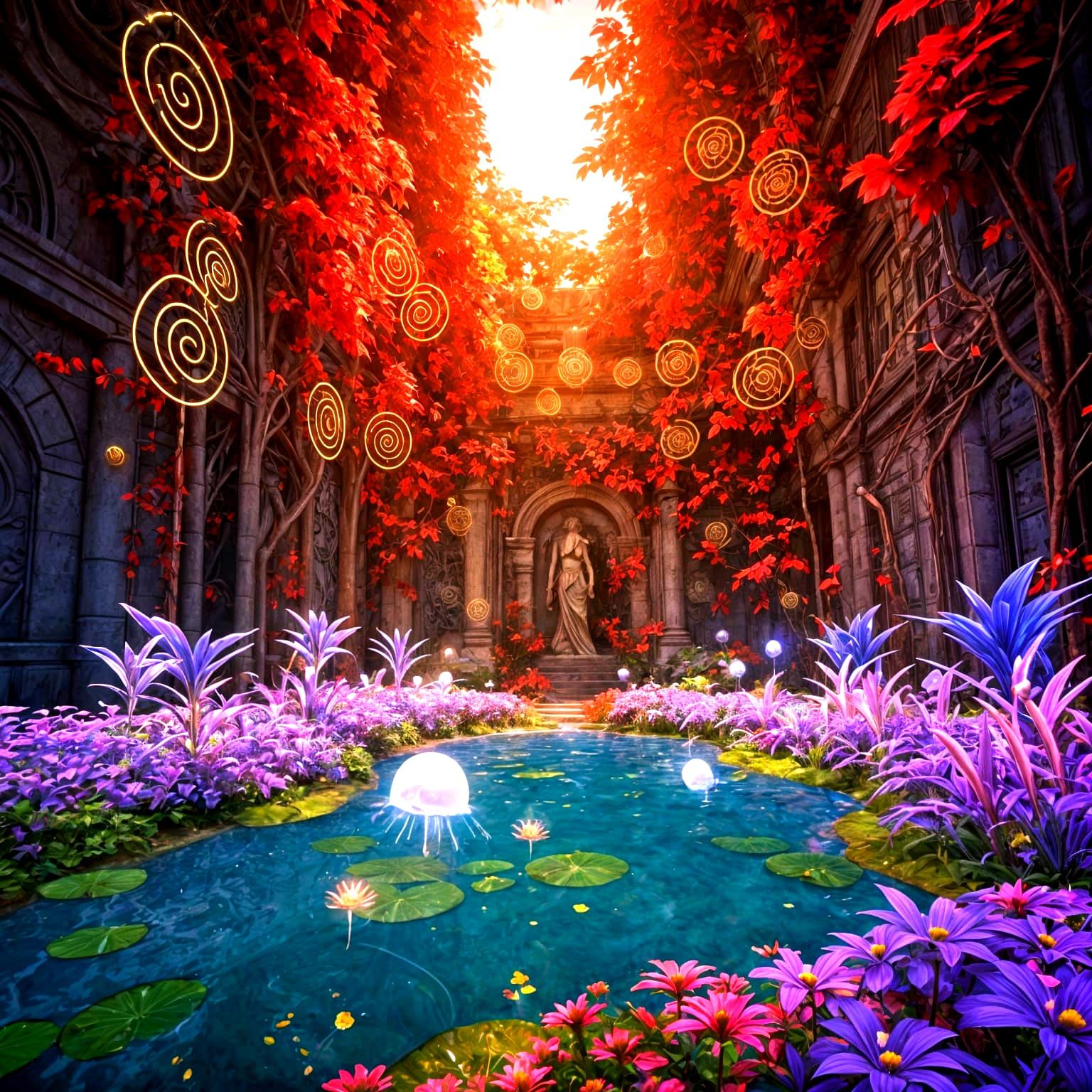Majestic Red and Purple Alien Garden in 3D Anime Style