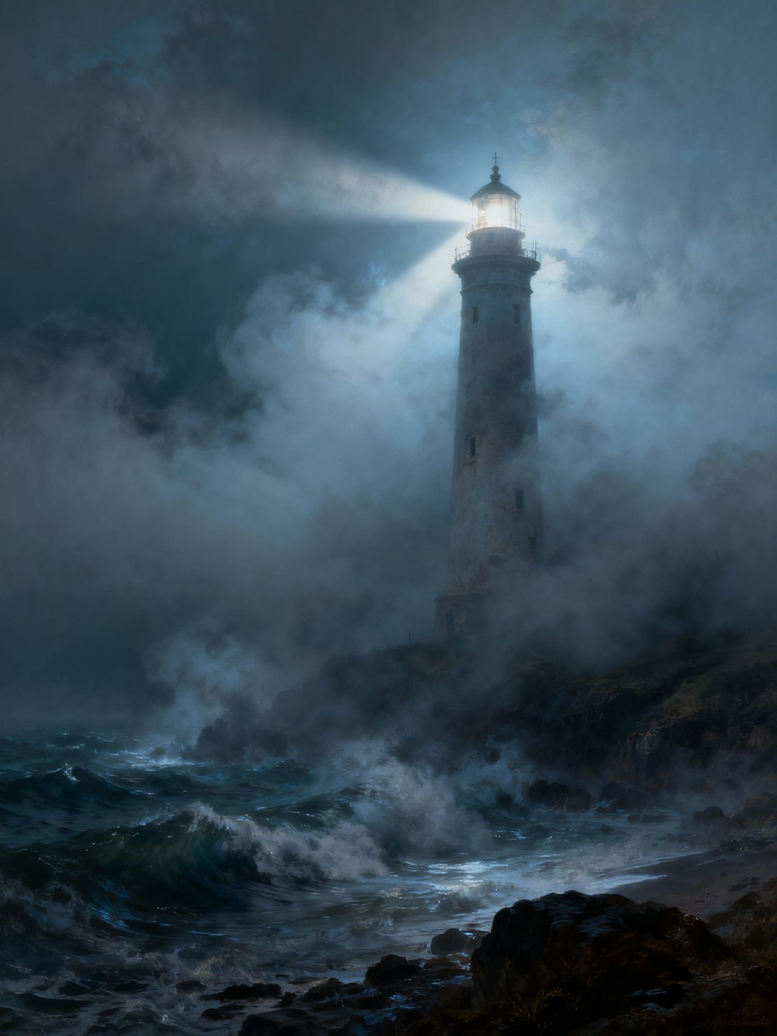 Misty Lighthouse Beam on Stormy Coast