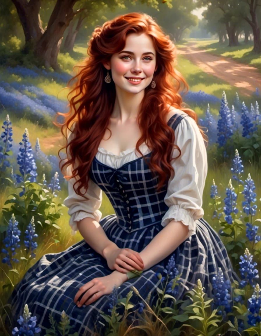 Victorian Woman in Bluebonnet Field Portrait