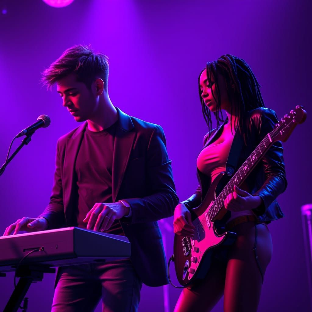 Silhouetted Musicians Shine in Neon-Lit Futuristic Atmospher...
