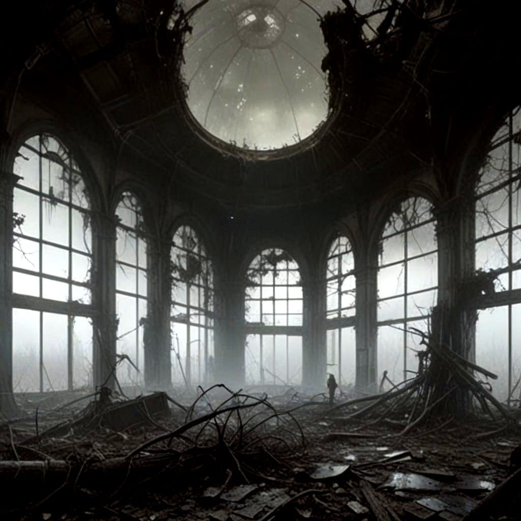 Dystopian Glass Dome Under Siege by Swarming Insects and Fli...