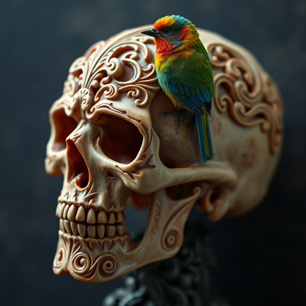 Gothic Wax Skull with Colourful Bird Perched