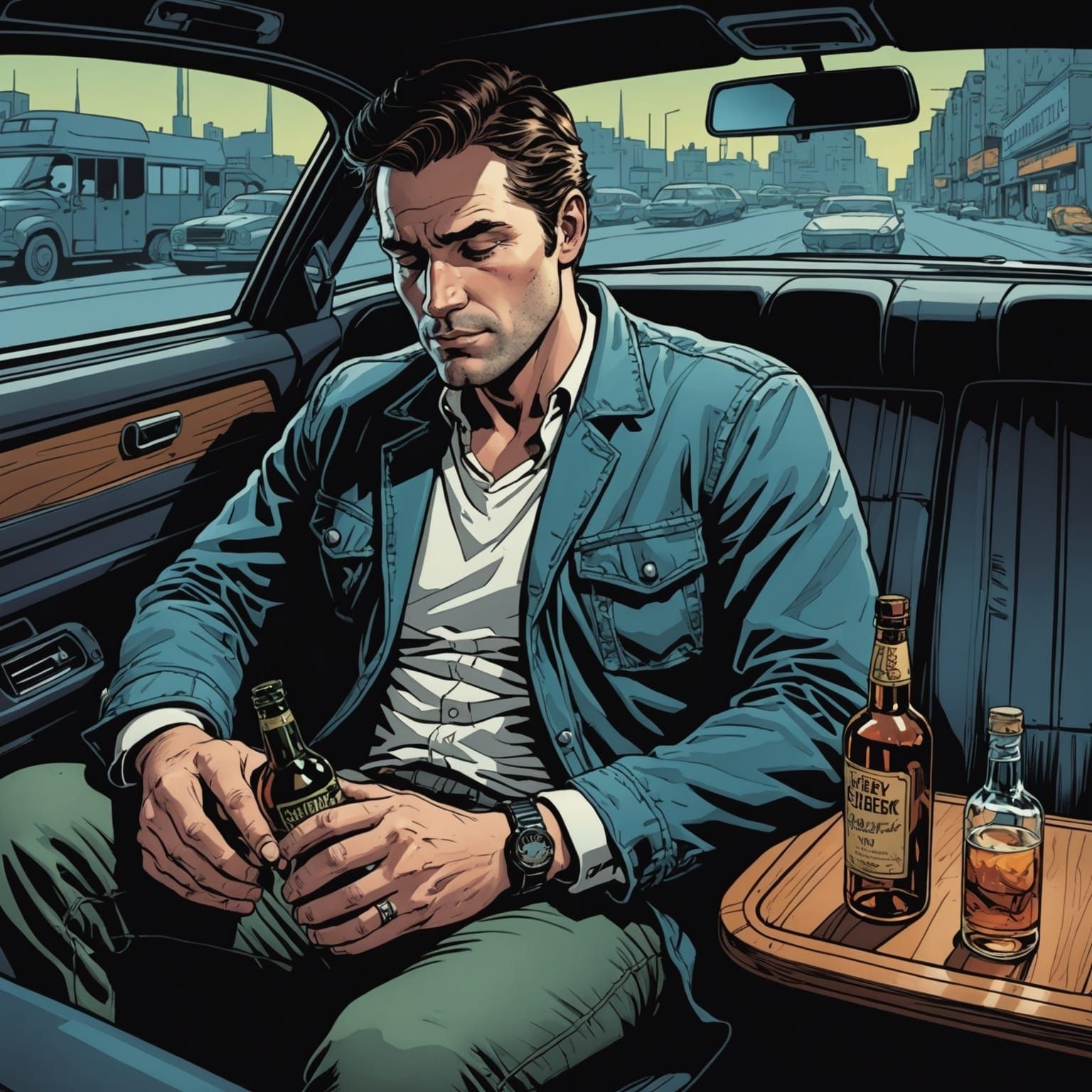 Man Asleep in Car: Comic Book Style Art