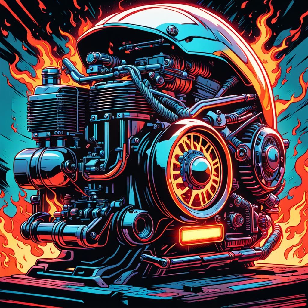 Dynamic Comic Book Art of Motorcycle Engine