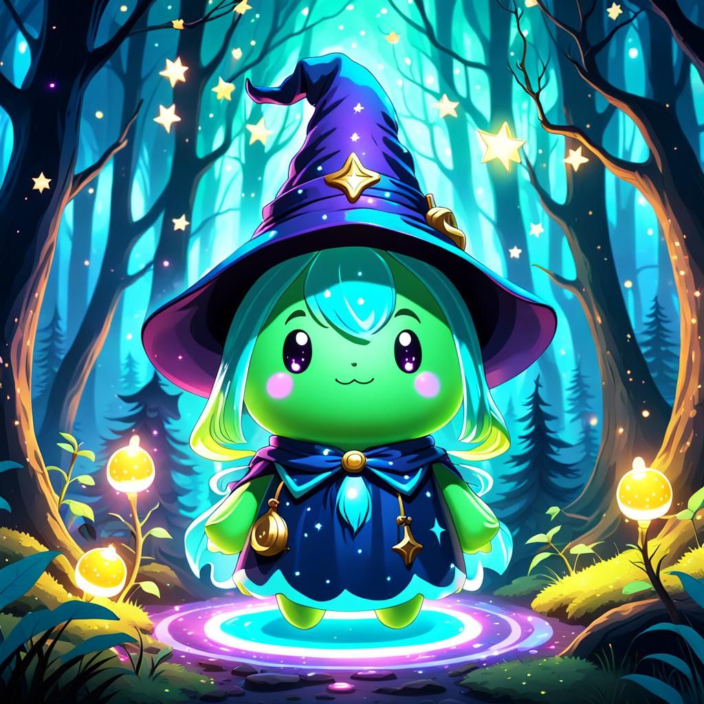 Kawaii Slime Wizard Casting Spell in Forest