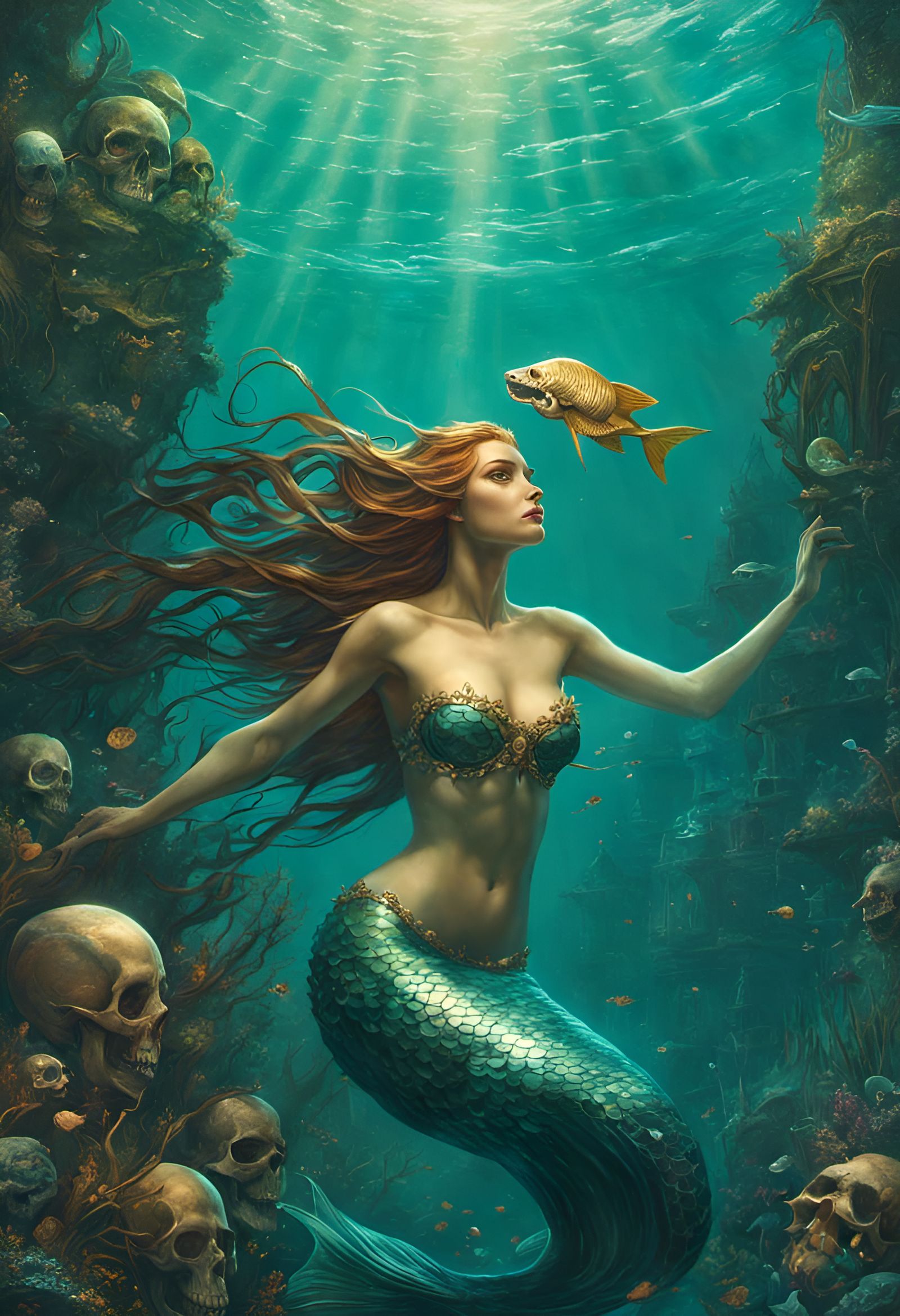 Mermaid and Skull Underwater, Digital Art