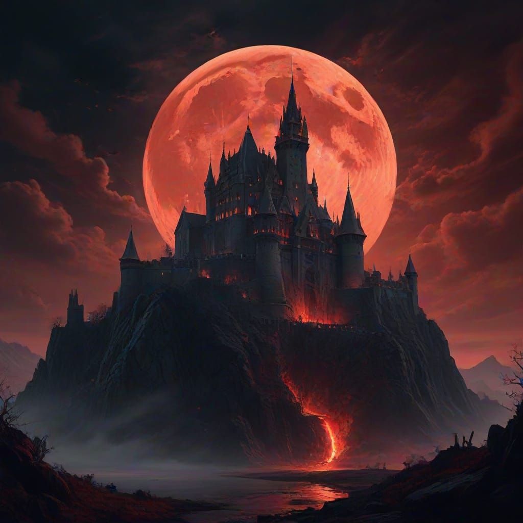 Dark Fantasy Dracula Castle Under Blood Moon