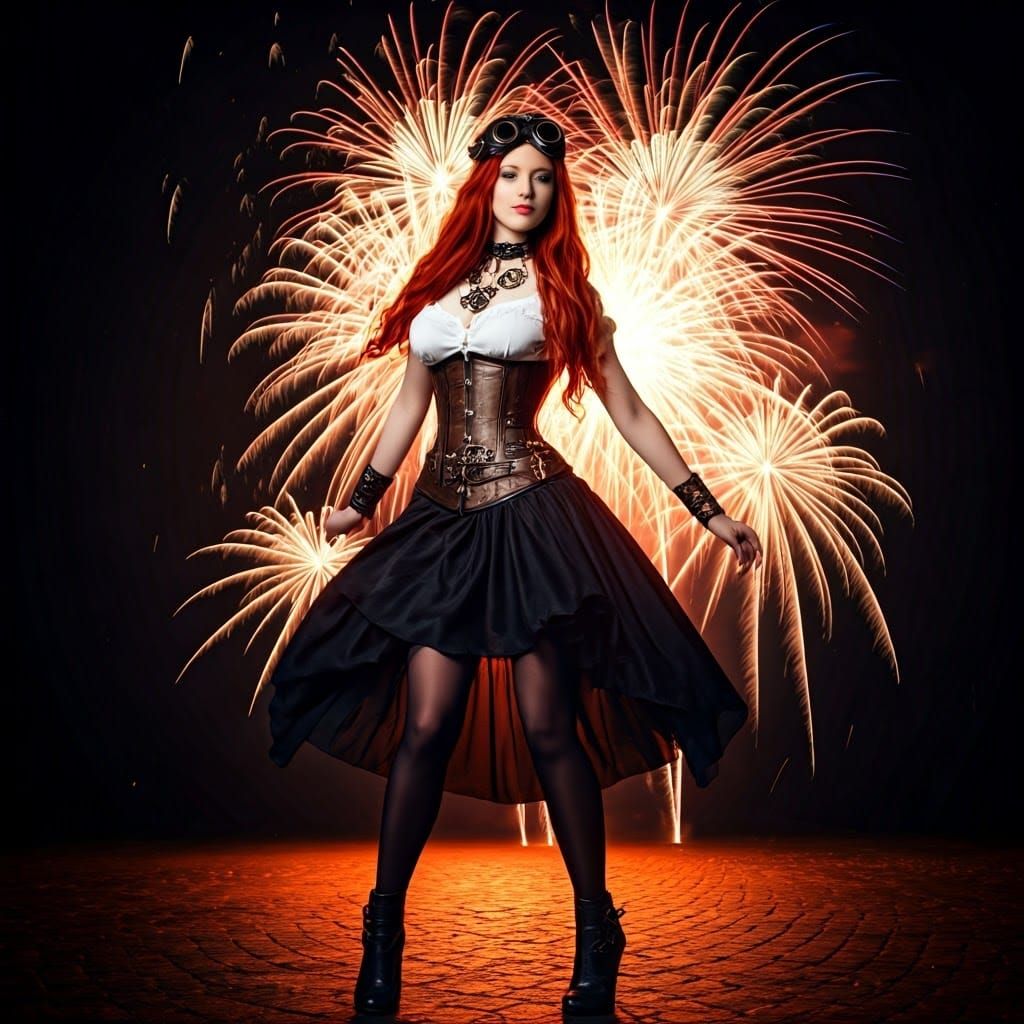Steampunk Dancer Amidst Fireworks Display