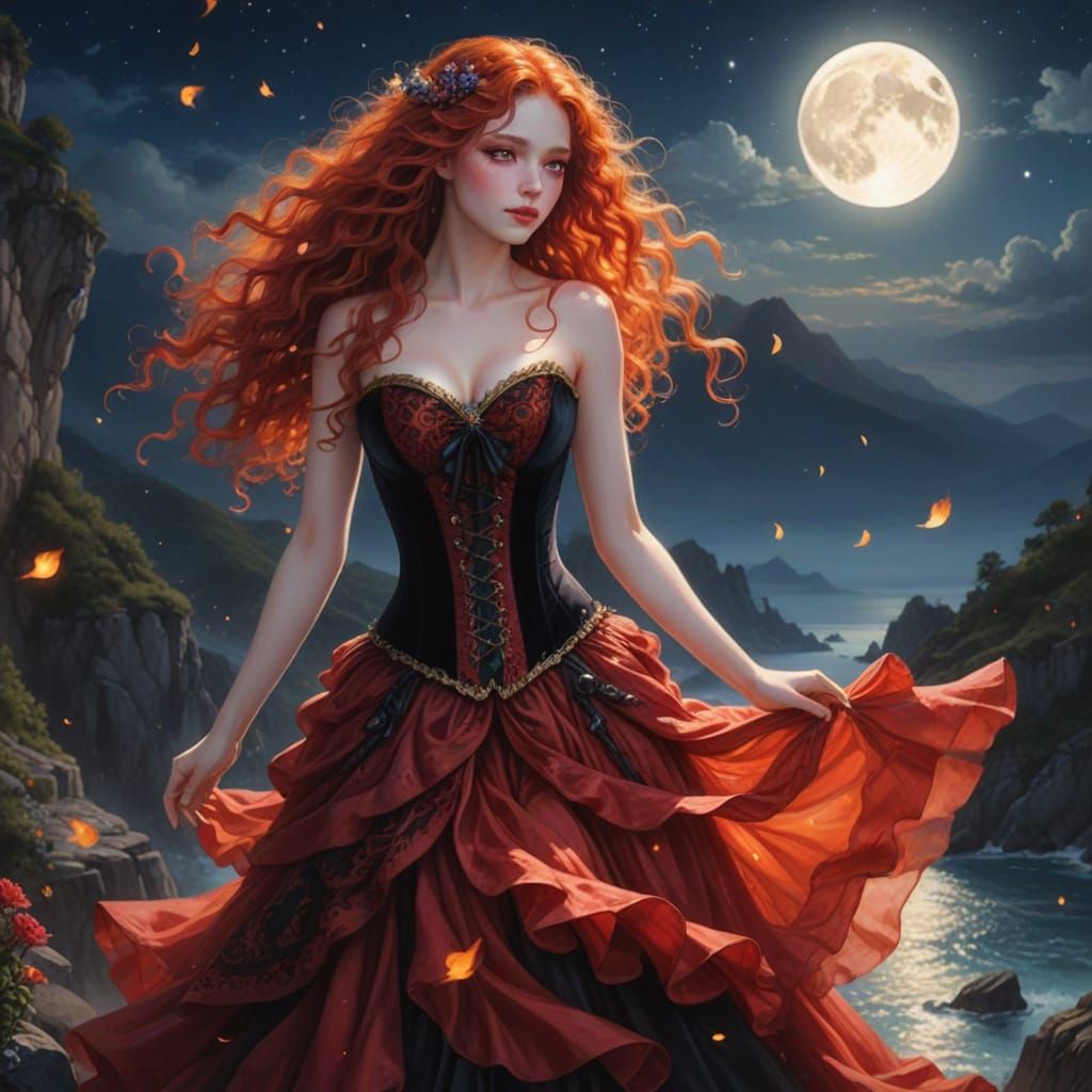 Fiery Red-Haired Mage Dancing in Moonlight: Anime Realism