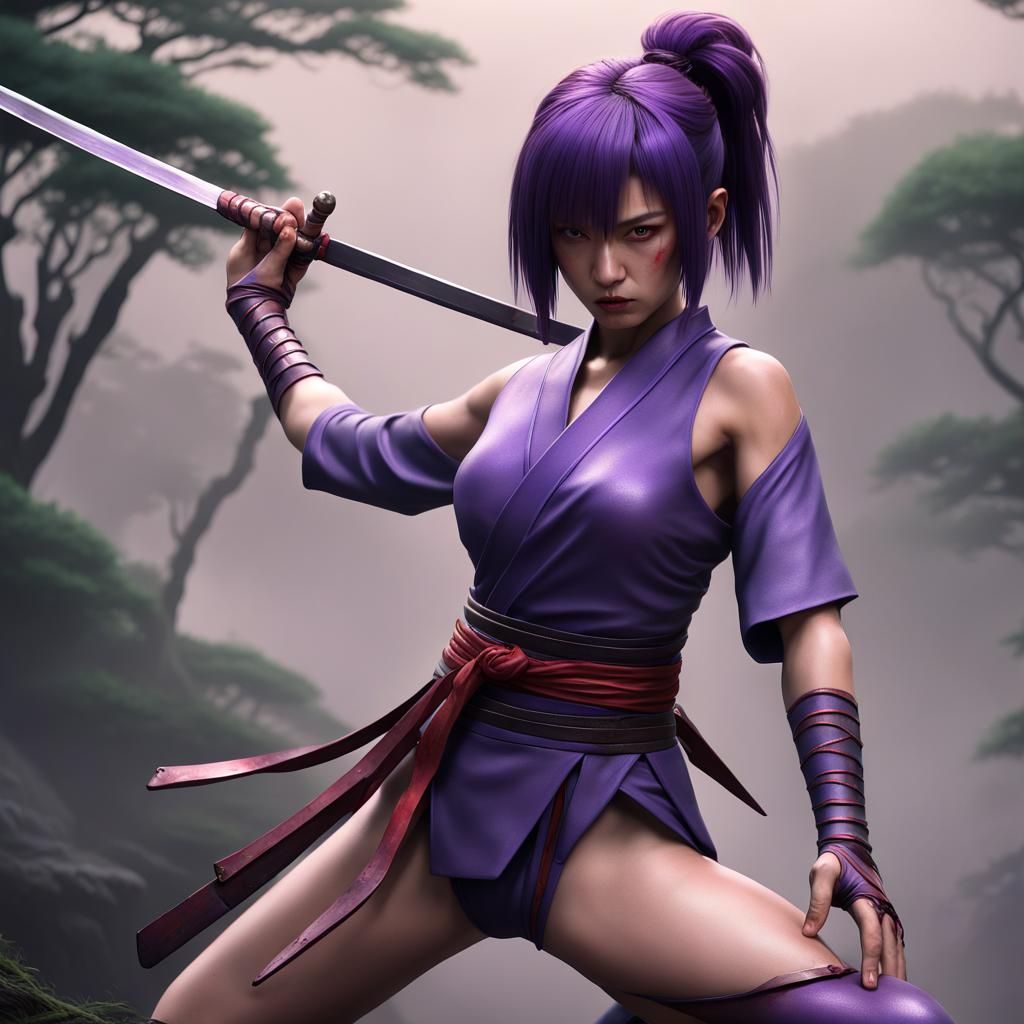 Japanese Kunoichi with Katana, Detailed Matte Painting