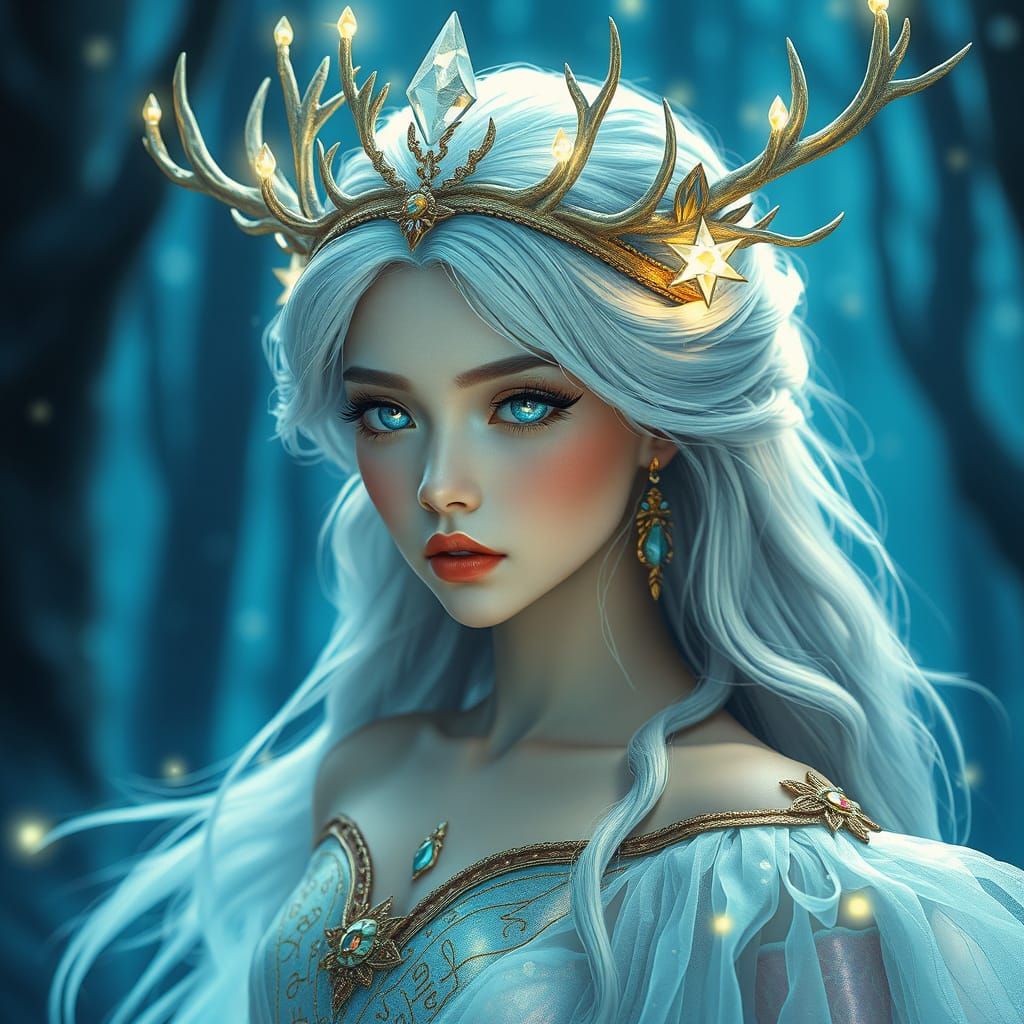 Mystical Princess in Iridescent Gown Amidst Celestial Palace