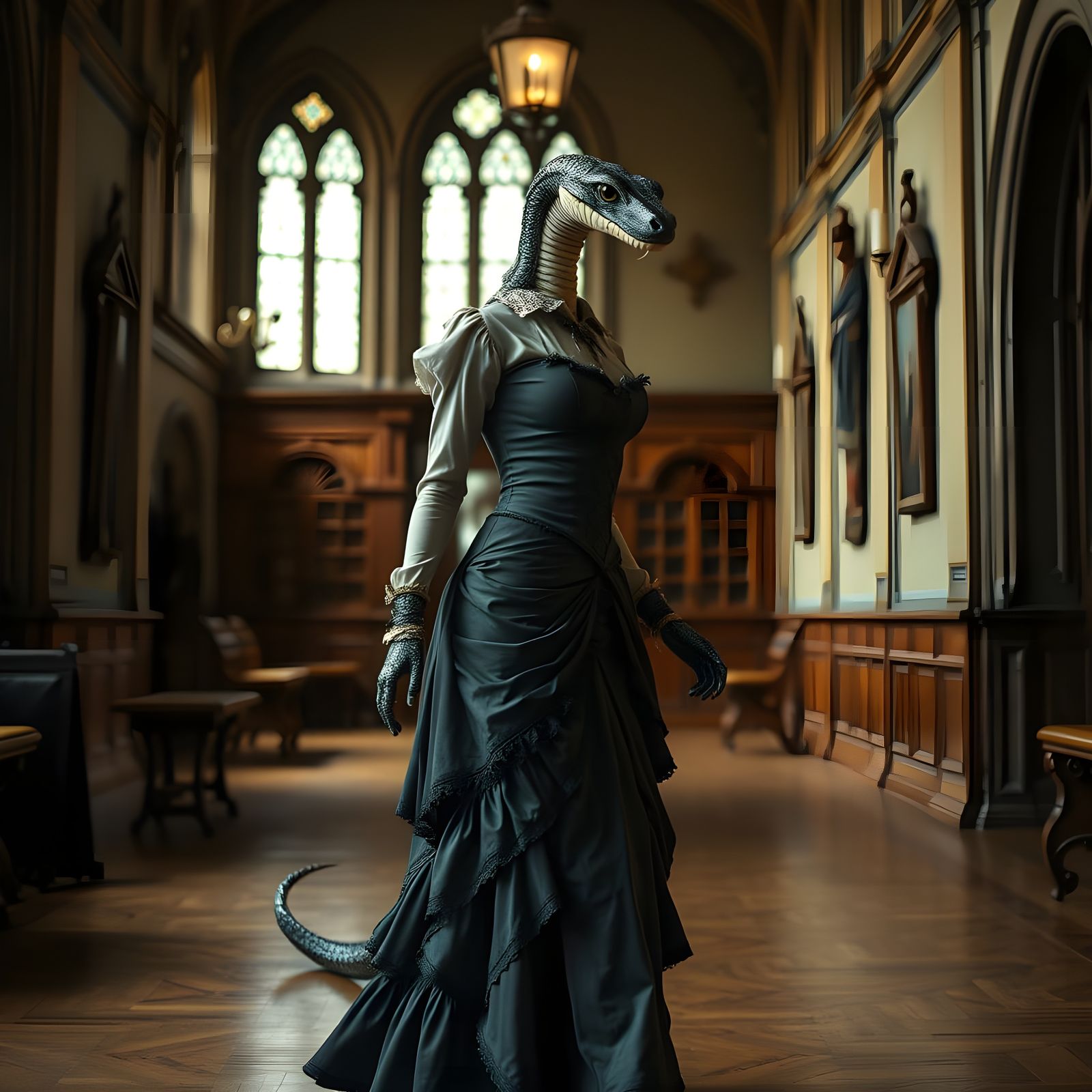 Victorian Snake Woman Teacher: Cinematic Portrait