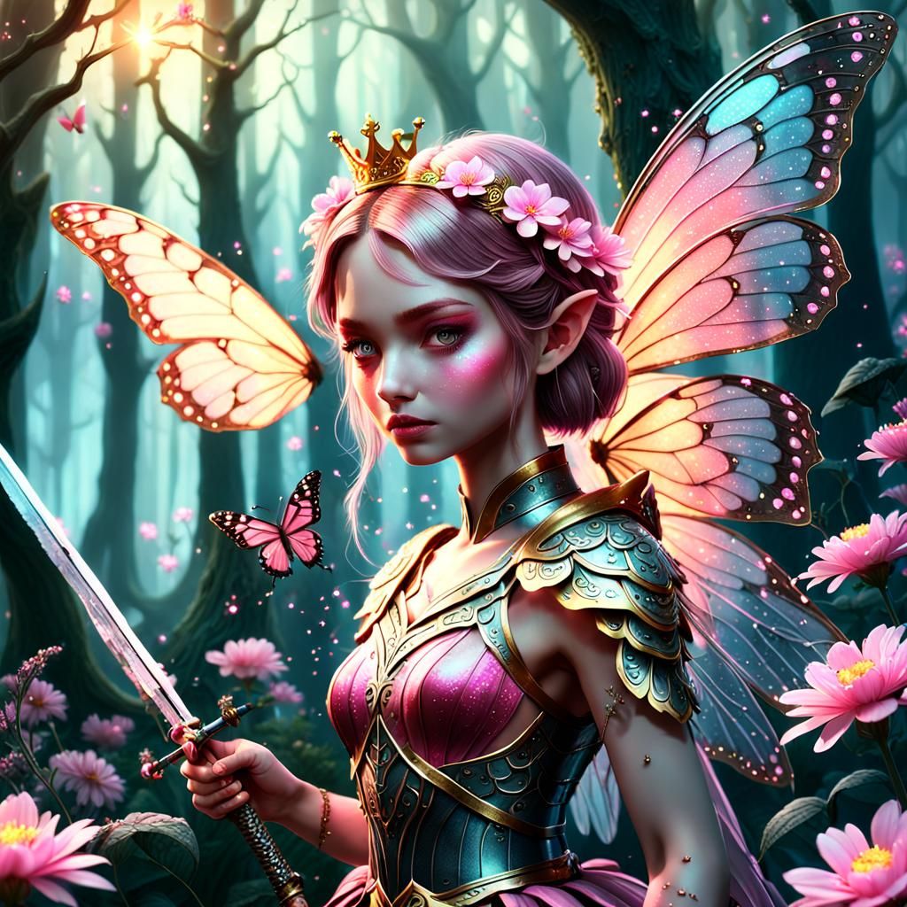 Elegant Fairy with Sword, Butterfly Wings in Forest