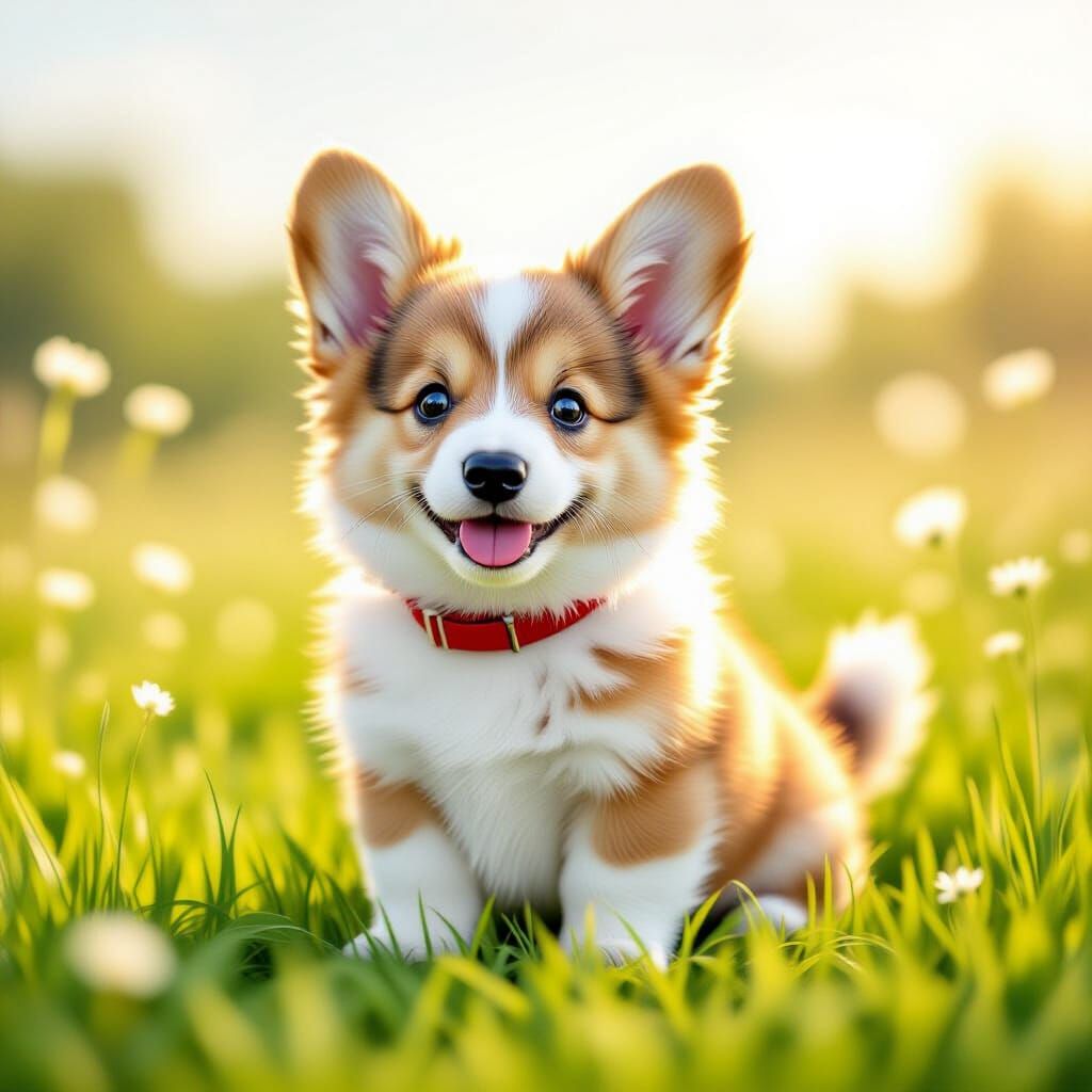 Fluffy Corgi Puppy in Sunny Meadow, Whimsical Art