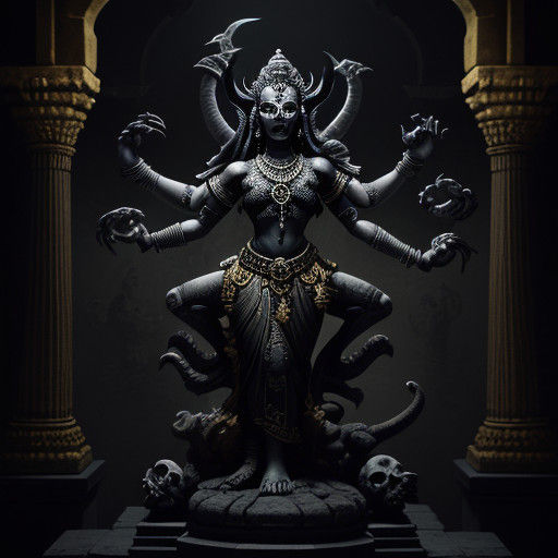 Goddess Kali Standing on Demon's Body in Dark Temple