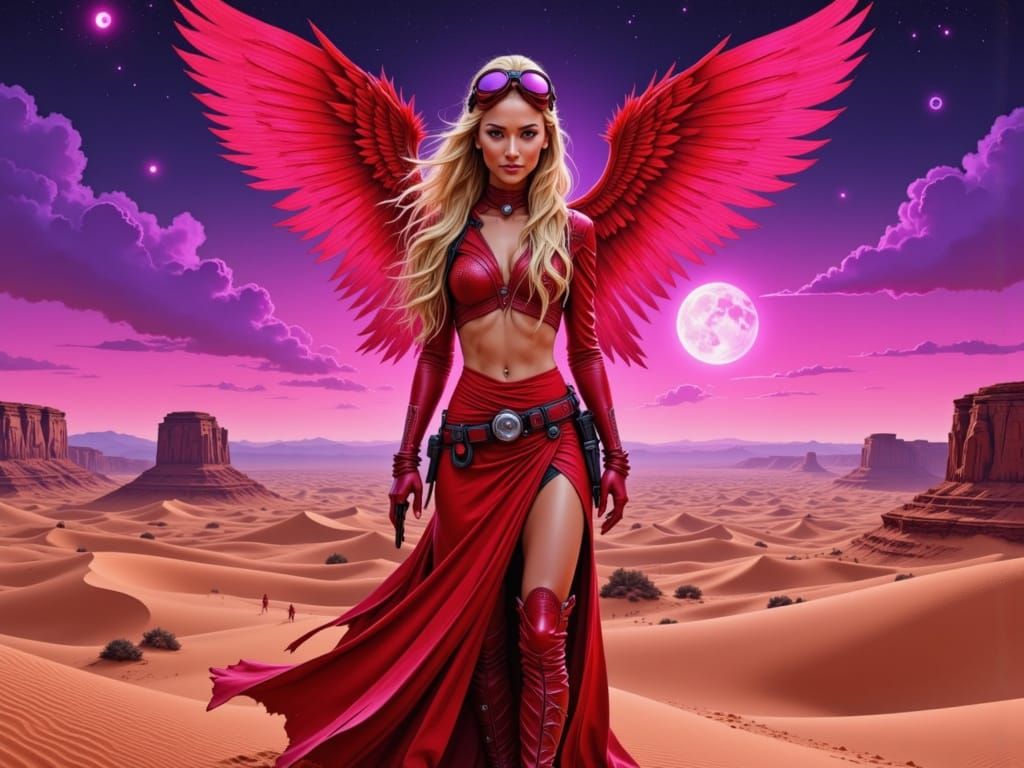 Feathered Woman in Arrakis Desert at Dusk