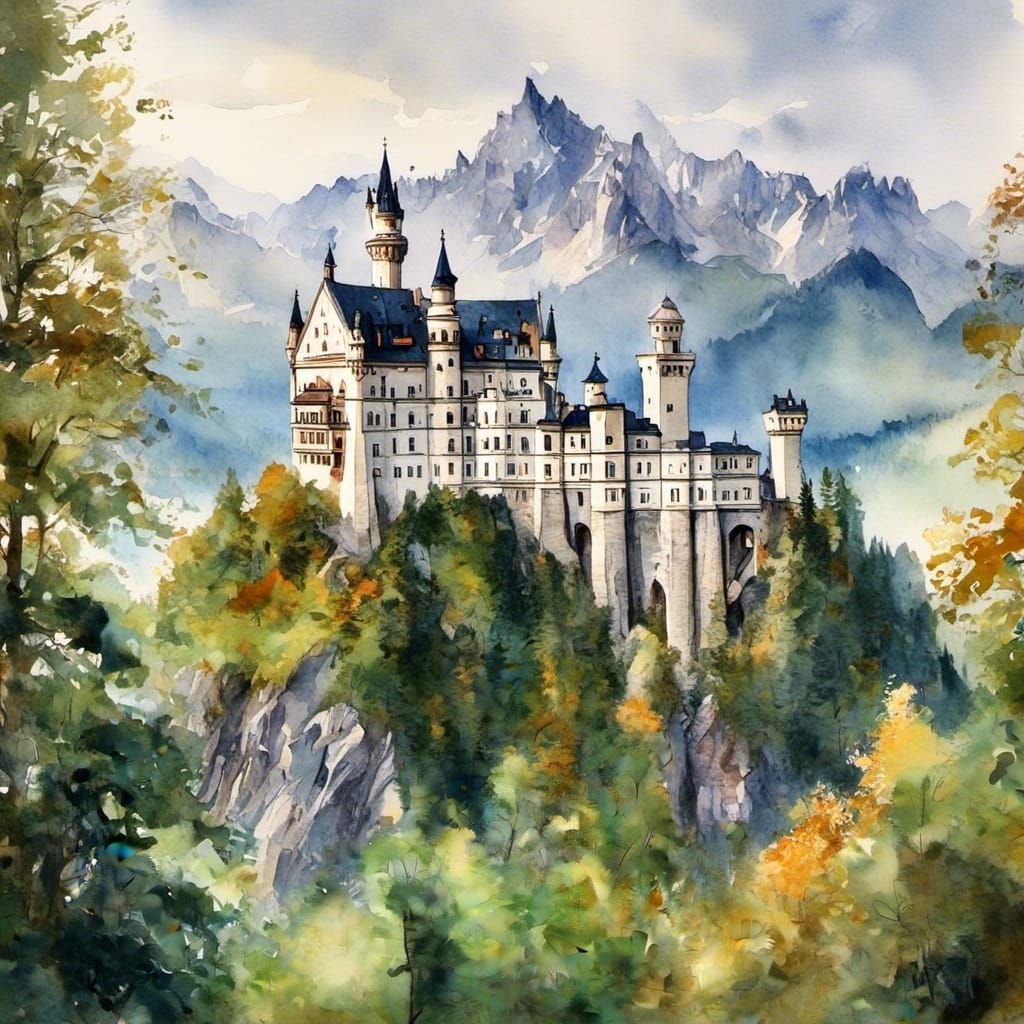 Neuschwanstein Castle in Watercolor Style