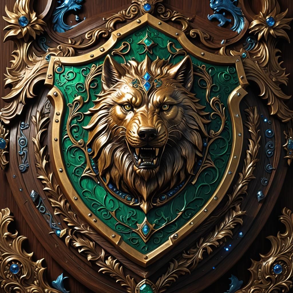 Dire Wolf Family Crest Shield in High-Fantasy Style