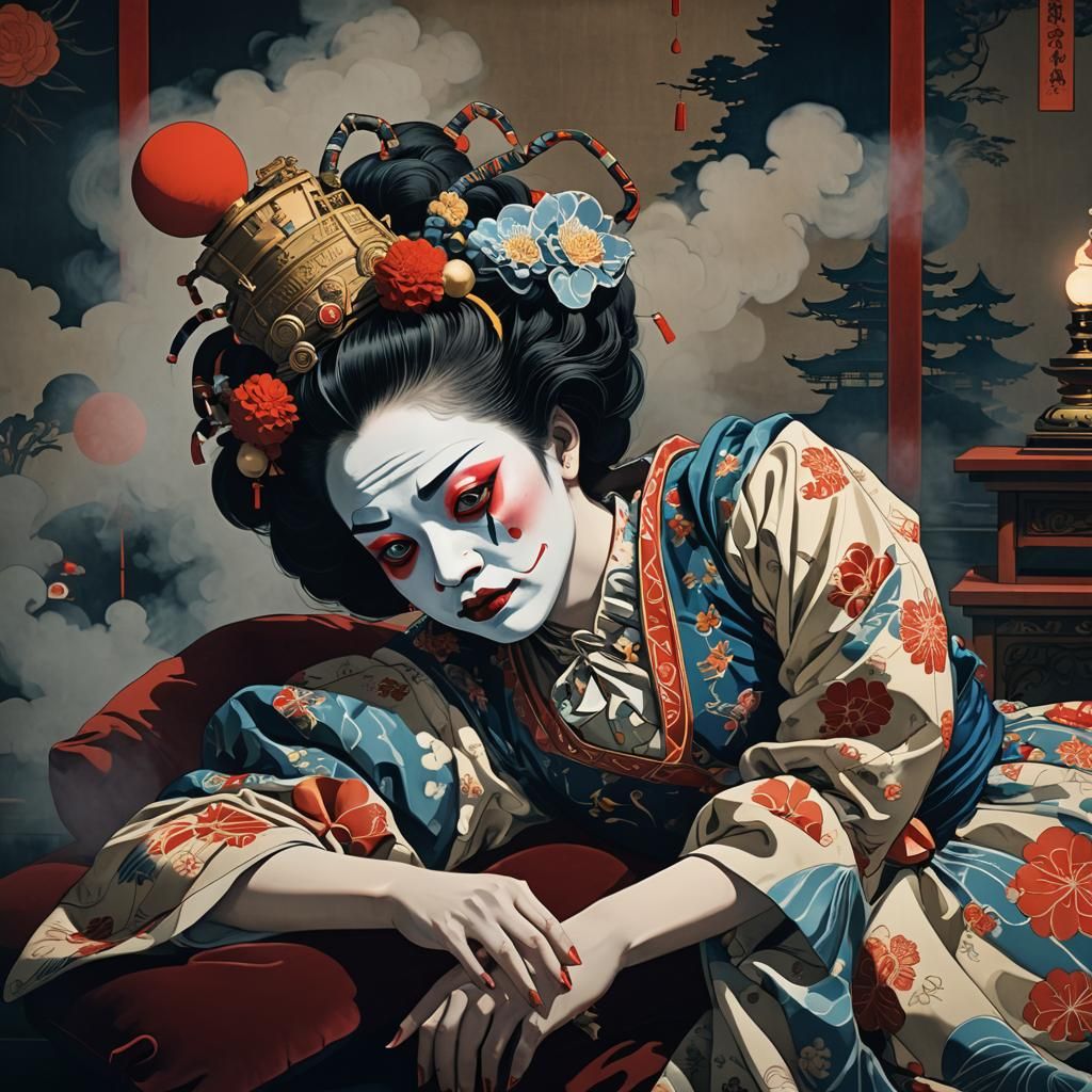 Ukiyo-e Style Clown Woman in Japanese Palace